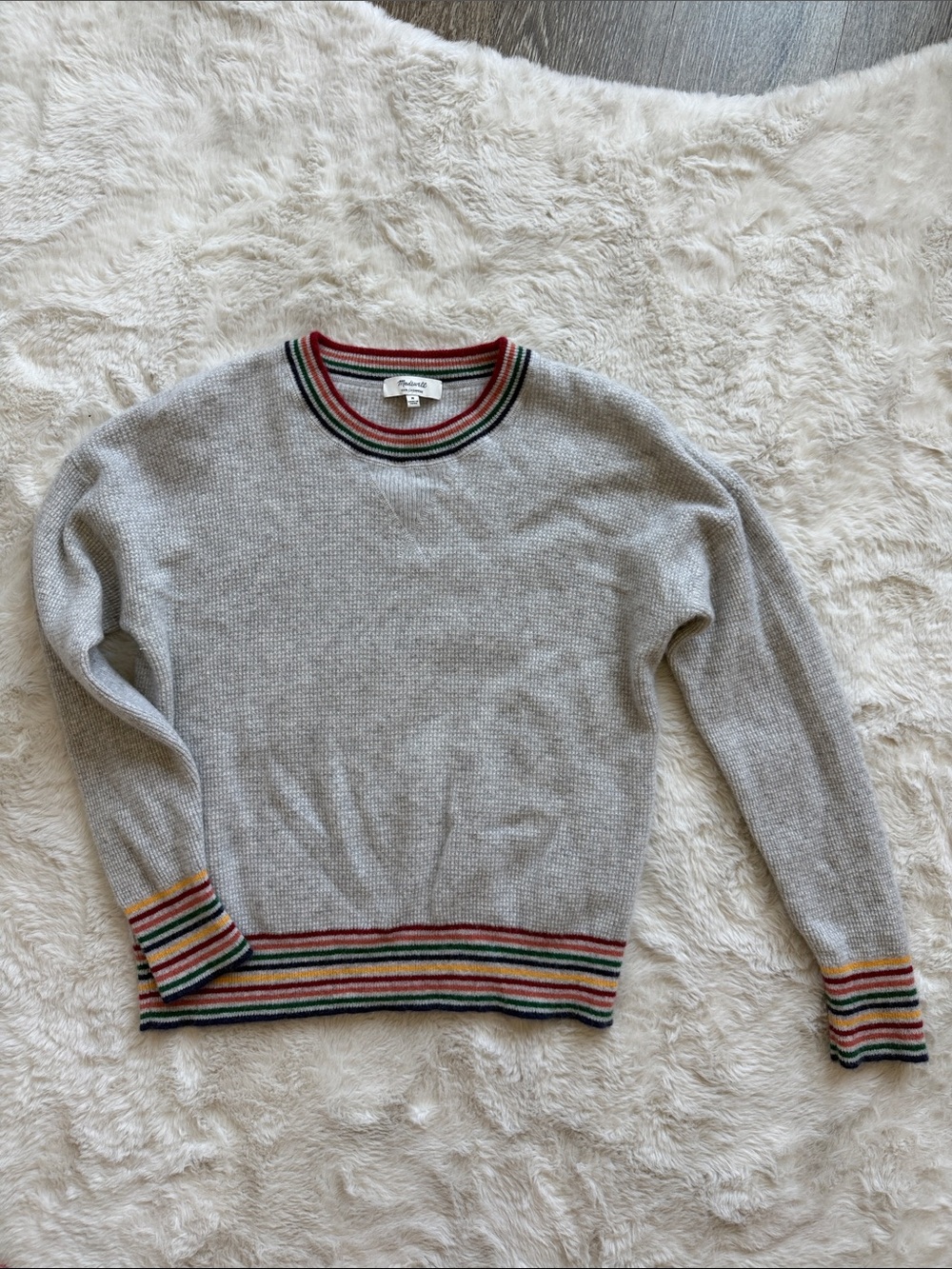 Madewell Light Gray Cashmere Crewneck with Rainbow Stripe Trim